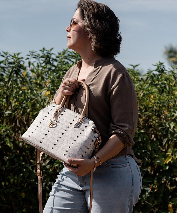 Bolsa Feminina Chenson Original - Cristal Monograma Coração - Alça de Mão - Bege 3485396