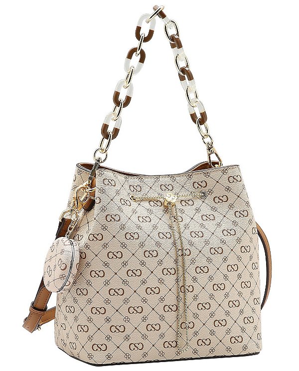 Bolsa Tipo Bucket Monograma Elegance - Alça de Mão - Chenson 3485501 - Bege