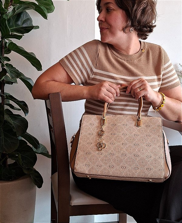 Bolsa tipo Tote Monograma Pontilhado - Alça de Mão - Chenson 3485531 - Bege