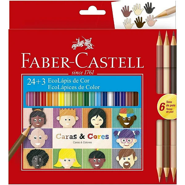 Lápis De Cor 24 Cores + 3 Ecolápis Tons de Pele Faber Castell