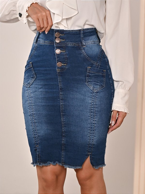 Saia Jeans Anagrom Bolsos Detalhe Frontal Evangélica Ref.S08