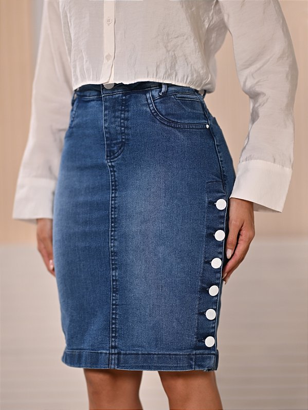 Saia Jeans Botões Laterais Moda Evangélica Anagrom Ref.216