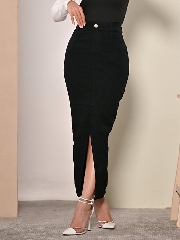 Saia Longa Jeans Preto Moda Evangélica Anagrom Ref.207