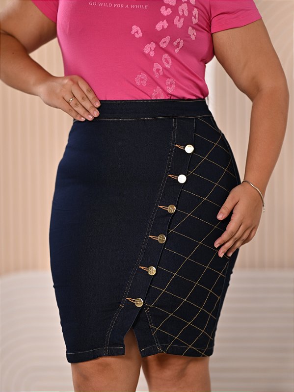 Saia Jeans Transpassada Plus Size Moda Evangélica Ref.180