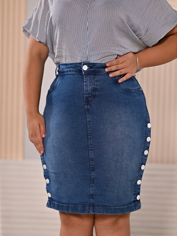Saia Jeans Botões Laterais Plus Size Evangélica Ref.216