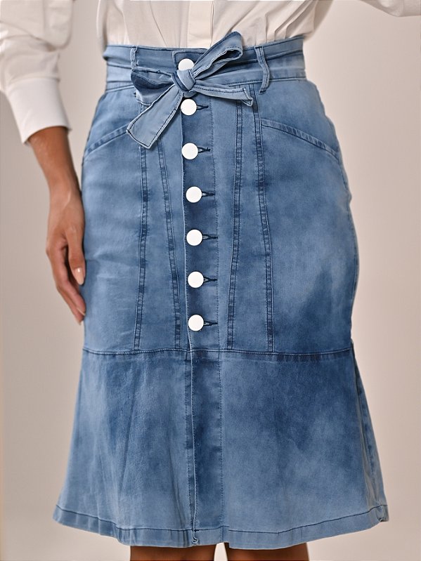 Saia Jeans Midi Com Elastano Babado e Cinto Acoplado Ref.235
