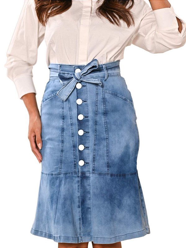 Saia Jeans Midi Com Elastano Babado e Cinto Acoplado Ref.235