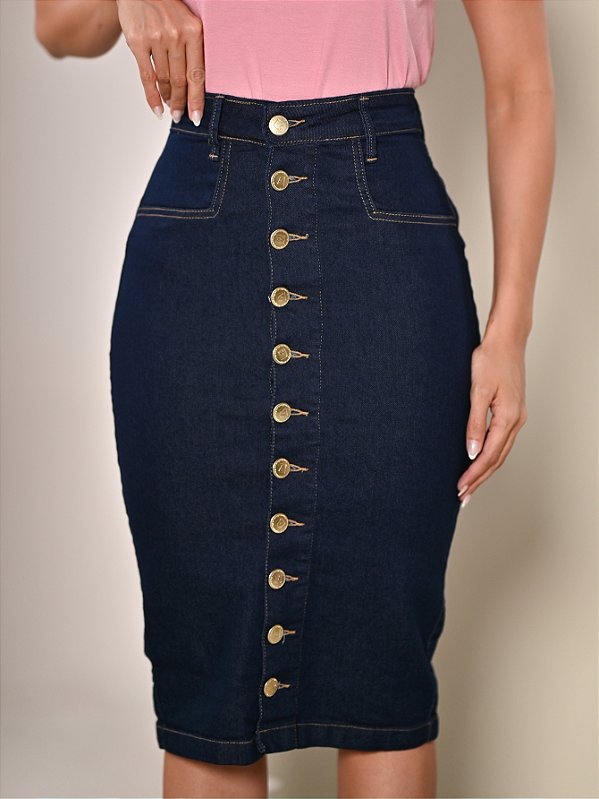 Saia Jeans Midi Com Elastano Botões Frontais Anagrom Ref.236