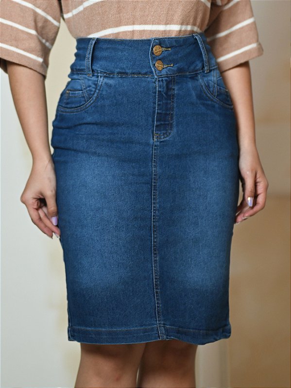 Saia Jeans Com Elastano Moda Evangélica Anagrom Ref.241