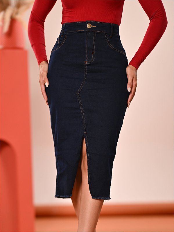 Saia Jeans Evangélica Midi Abertura Frente Anagrom Ref.245