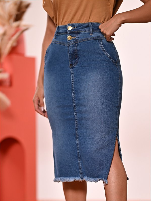 Saia Jeans Evangélica Midi Abertura Lateral Anagrom Ref.249