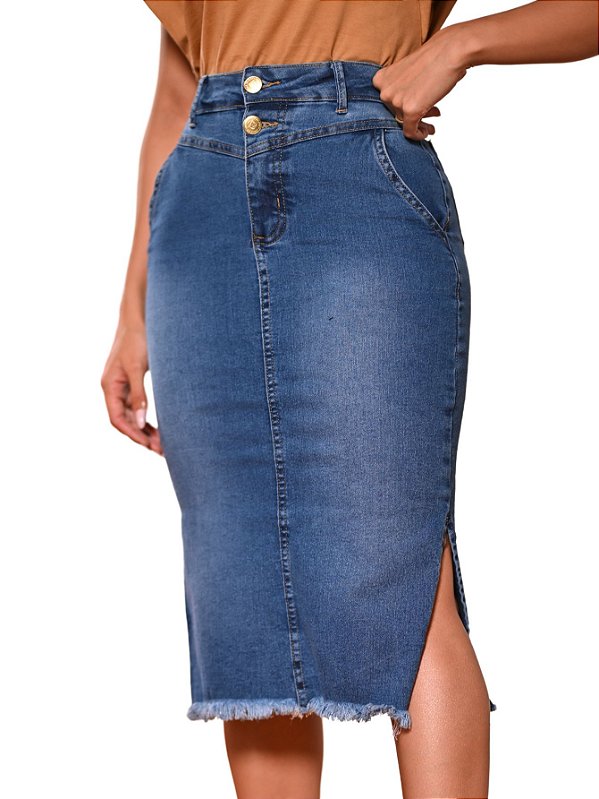 Saia Jeans Evangélica Midi Abertura Lateral Anagrom Ref.249