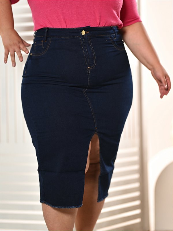 Saia Jeans Feminina Plus Size Anagrom Abertura na Frente Ref.245P