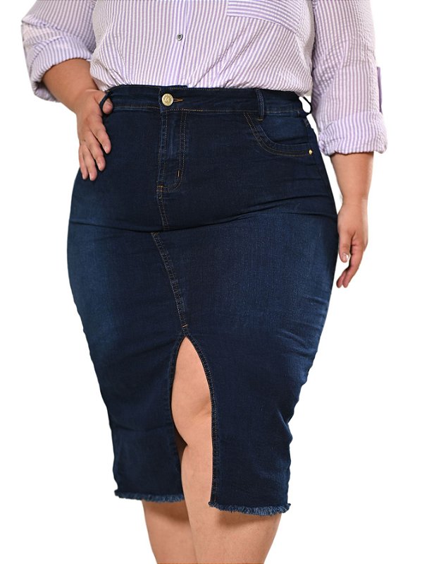 Saia Jeans Feminina Plus Size Anagrom Abertura na Frente Ref.246P