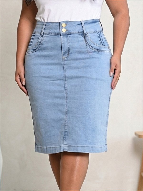 Saia Jeans Feminina Plus Size Anagrom Azul Céu Ref.264P
