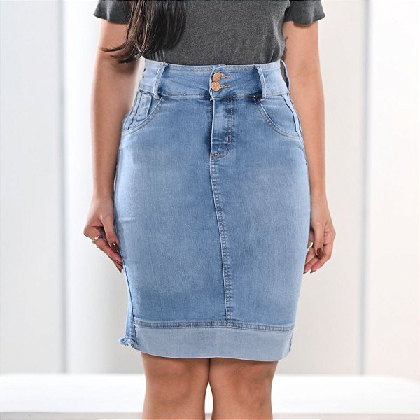 Saia Jeans Azul Claro Moda Evangélica Barra Virada Anagrom Ref.S021