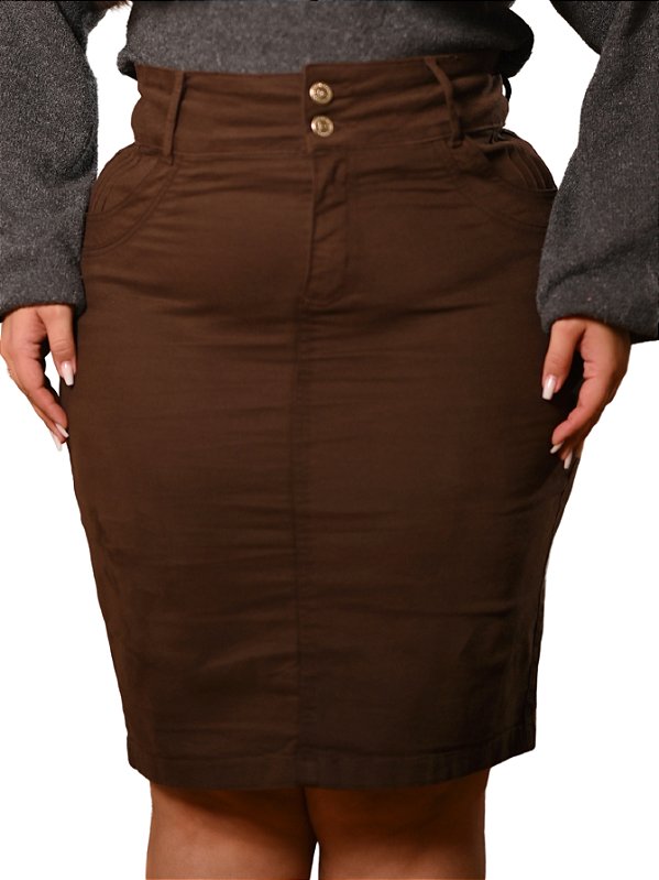 Saia Secretária Brim Marrom Plus Size Anagrom Ref.260P