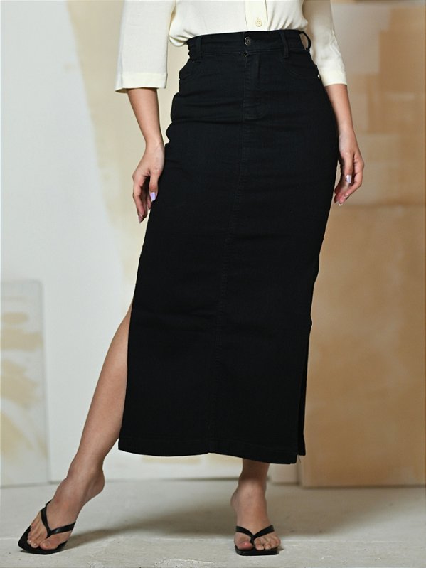 Saia Longa Jeans Preta Abertura Lateral Anagrom Ref.261