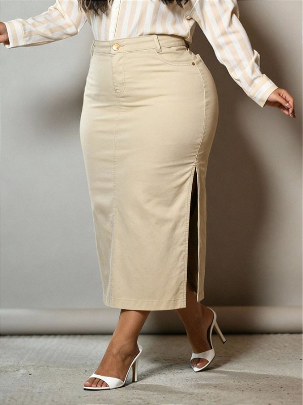 Saia Longa Bege Plus Size Abertura Lateral Anagrom Ref.262P