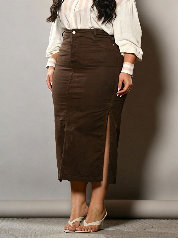 Saia Longa Marrom Plus Size Abertura Lateral Anagrom Ref.263P
