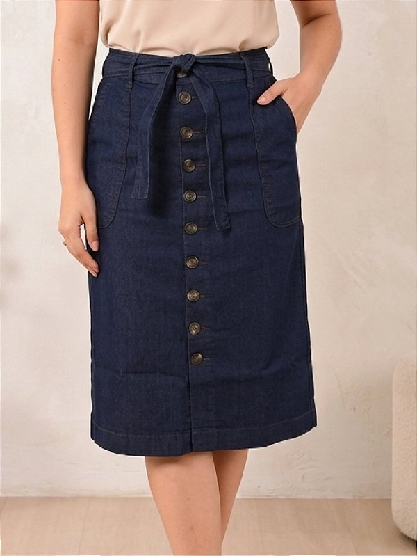 Saia Evangélica Jeans Evasê Midi Azul Escuro Anagrom Ref.266