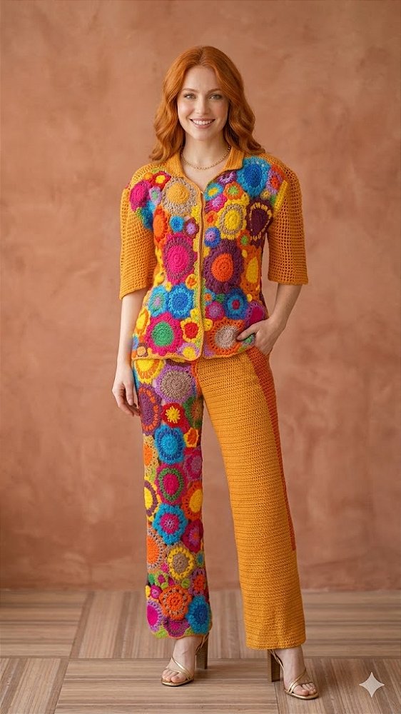 Conjunto Blusa e Calça Crochê Flores Coloridas