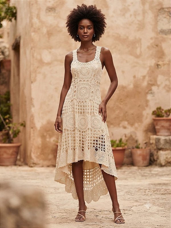 Vestido Crochê Praia Verão Barra Assimétrica Off White