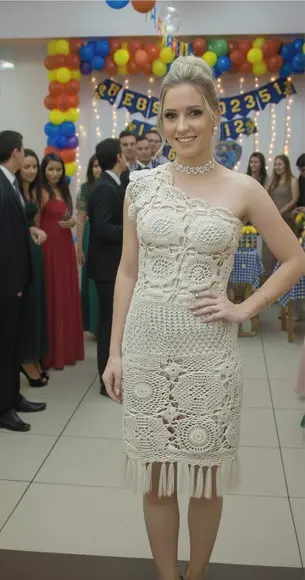 Vestido Crochê Off White com Zíper franjas na barra