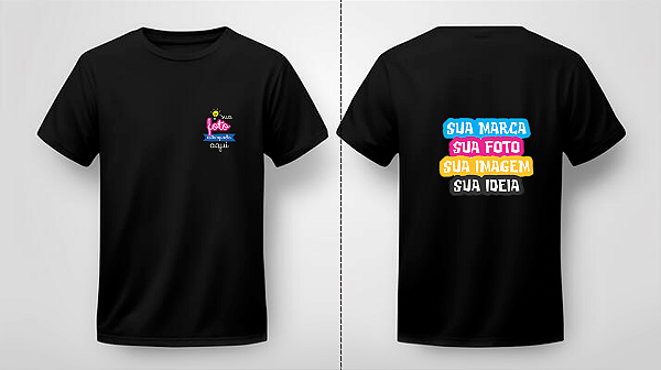 Camiseta Preta em Algodão com Estampa DTF – Frente 7x7cm e Costas A4