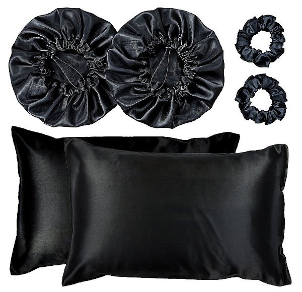 Kit 2 Fronha De Cetim Seda + 2 Toucas + 2 Xuxinhas De Brinde - Preto