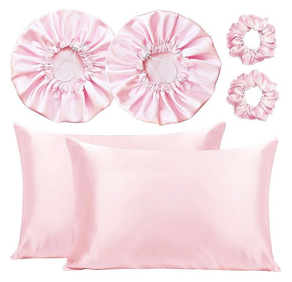 Kit 2 Fronha De Cetim Seda + 2 Toucas + 2 Xuxinhas De Brinde - Rosa-Bebê