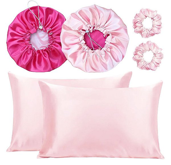 Kit 2 Fronha De Cetim Seda + 2 Toucas + 2 Xuxinhas De Brinde - Rosa / Pink