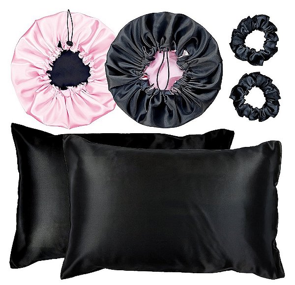 Kit 2 Fronha De Cetim Seda + 2 Toucas + 2 Xuxinhas De Brinde - Preto / Rosa