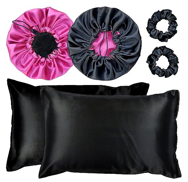 Kit 2 Fronha De Cetim Seda + 2 Toucas + 2 Xuxinhas De Brinde - Preto / Pink