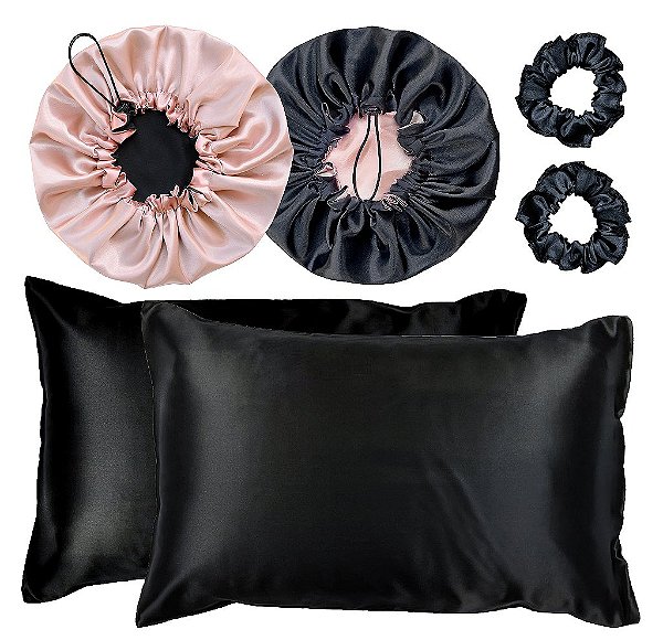 Kit 2 Fronha De Cetim Seda + 2 Toucas + 2 Xuxinhas De Brinde - Preto / Champagne