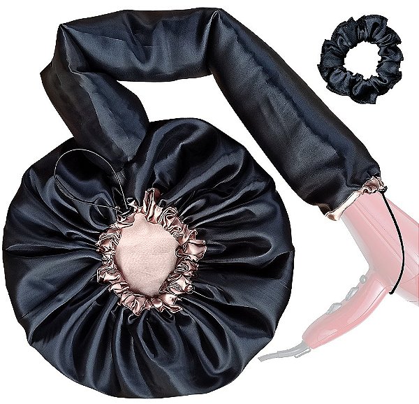 Touca Difusora Cetim Dupla Face Secadora Anti-frizz Seda - Preto / Champagne