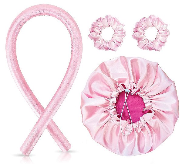 Modelador de Cachos Cetim Curling Rod + Touca Cetim Dupla Face + 2 Xuxinhas - Rosa