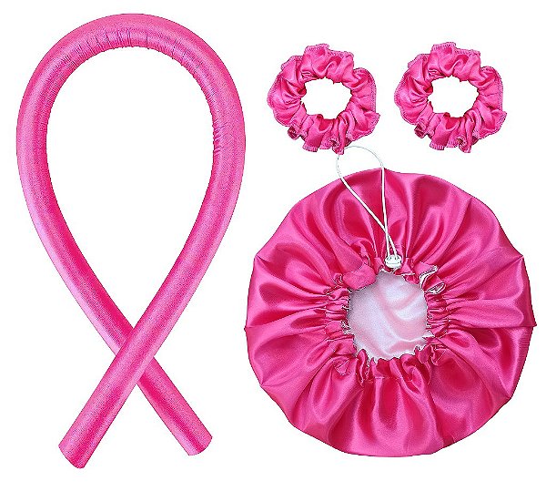 Modelador de Cachos Cetim Curling Rod + Touca Cetim Dupla Face + 2 Xuxinhas - Pink