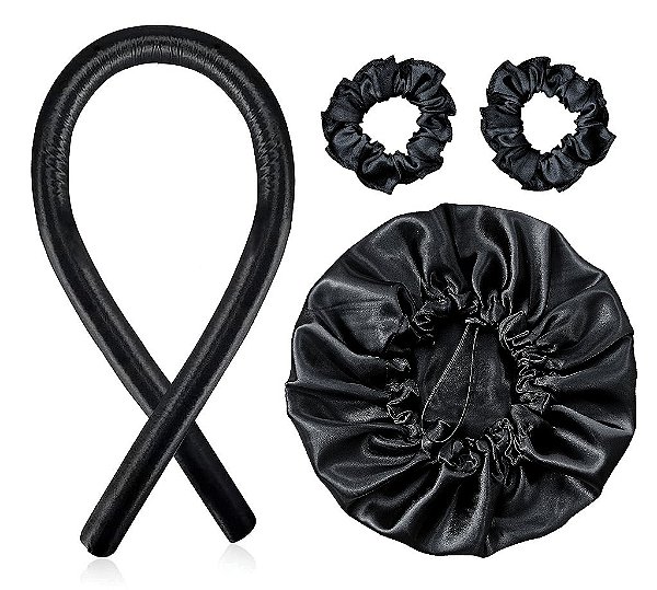 Modelador de Cachos Cetim Curling Rod + Touca Cetim Dupla Face + 2 Xuxinhas - Preto