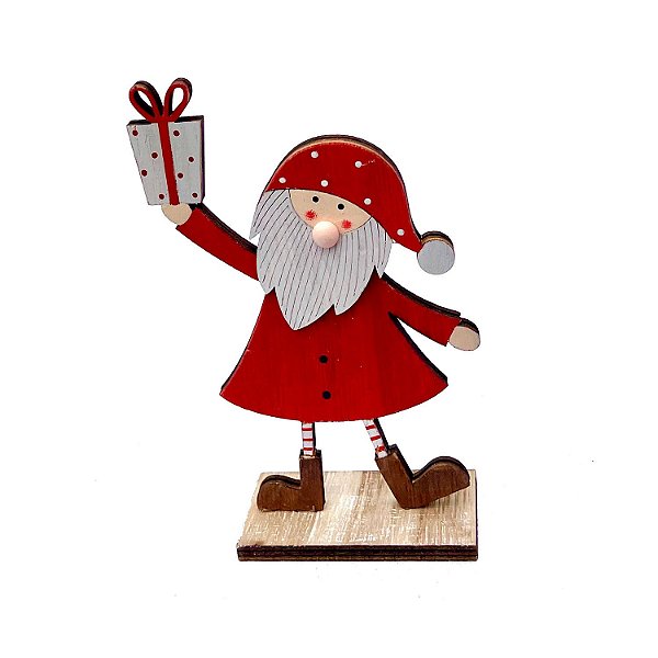 PAPAI NOEL VERMELHO NA BASE COM PRESENTE NA MAO EM MADEIRA   F352645