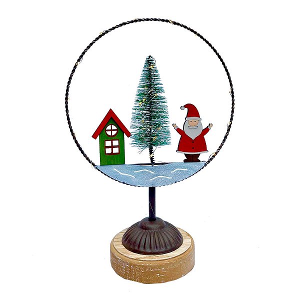 PAPAI NOEL COM ARVORE E CASINHA VERMELHO NO ARO COM PEDESTAL EM METAL COM LED F352706