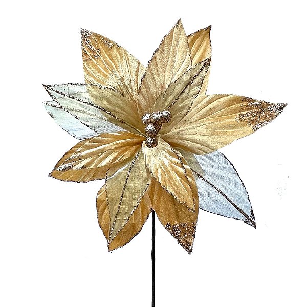 POINSETIA EM VELUDO OURO COM DETALHES GLITERADOS 24CM   G202569