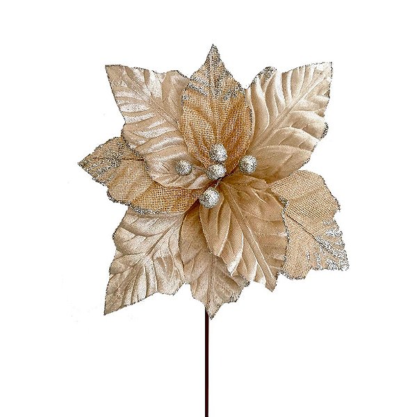 POINSETIA EM VELUDO MARFIM COM DETALHES GLITERADOS PRATA 24CM   G202582