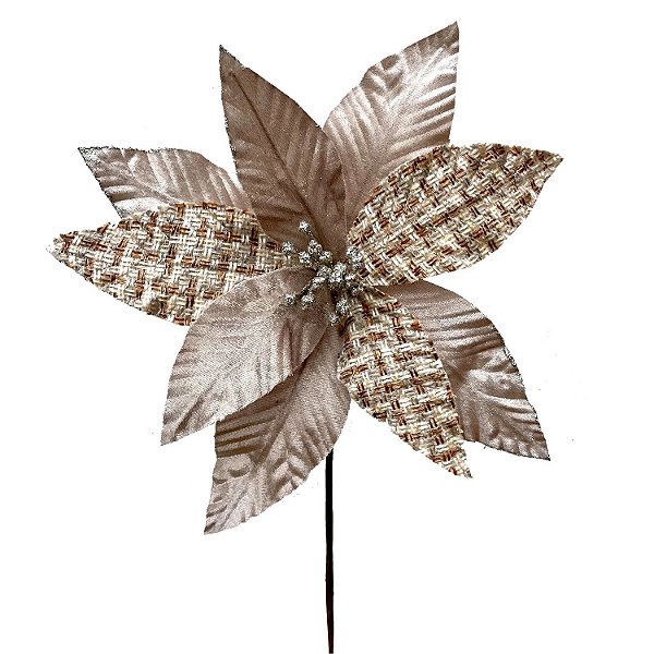 POINSETIA EM VELUDO MARFIM E TRAMA NATURAL 29CM   G202584