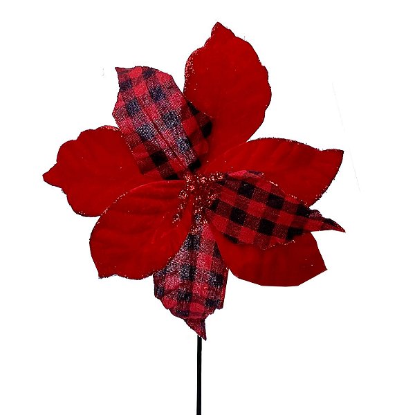 POINSETIA VELUDO VERMELHO E XADREZ PRETO E BRANCO 26CM   G202591