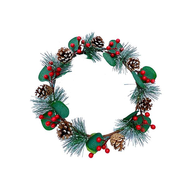 GUIRLANDA FOLHAS NEVADAS BERRIES VERMELHOS E PINHAS 30CM   G202605