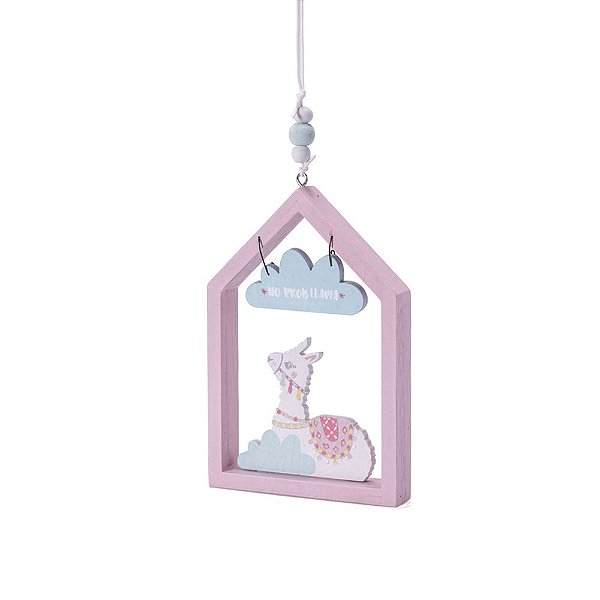 Casinha com lhama rosa em madeira para pendurar F359505