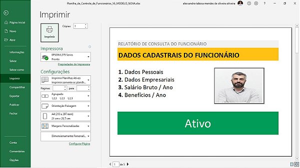 Planilha de Cadastro e Controle de Funcionários em Excel 6.0