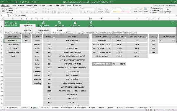 Planilha De Folha De Pagamento Automatizada Em Excel 61 Mac Vizual Planilhas Empresariais 0106