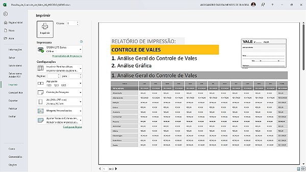 Planilha de Controle de Vales em Excel 6.0